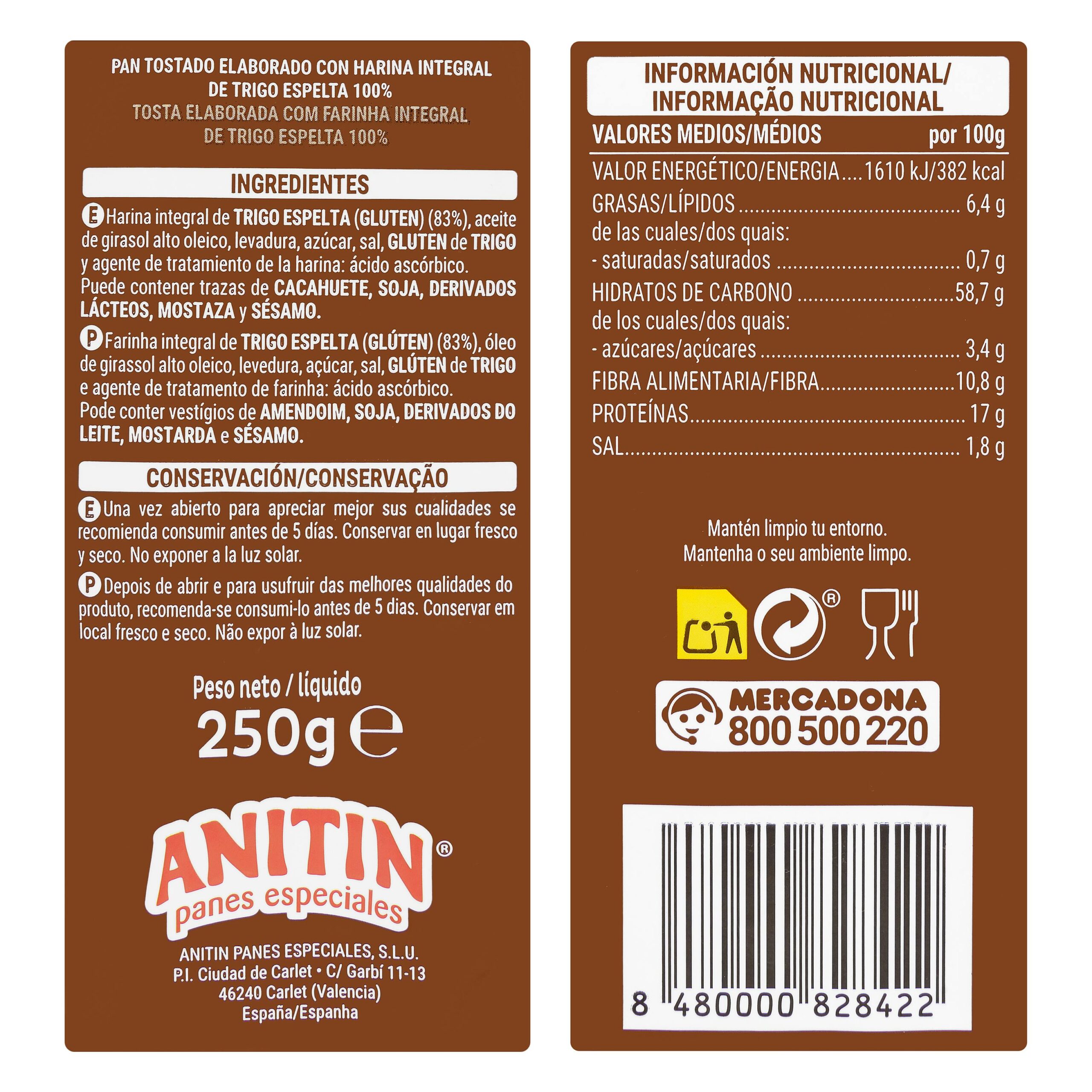 Etiqueta Pan tostado 100% espelta integral Hacendado